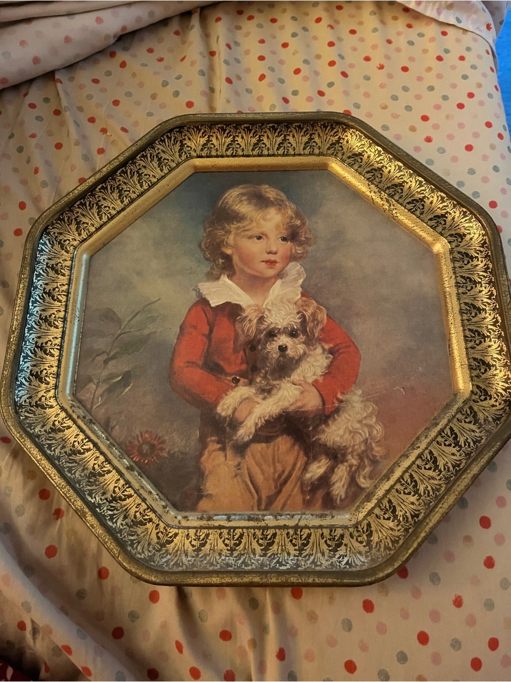 Vintage Octagonal Gold Decorative Tin with Child and Dog Illustration